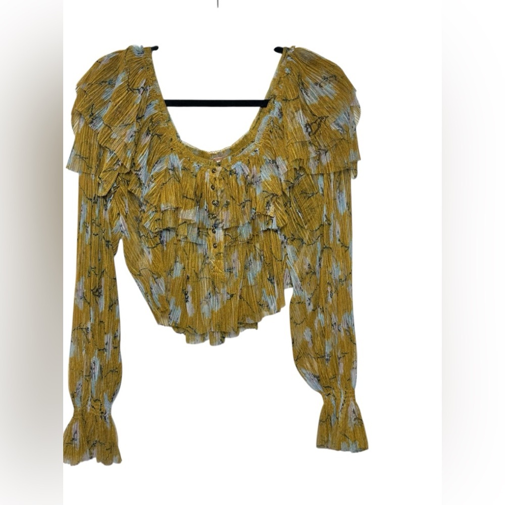 Free People Mustard Yellow Floral Pleated Ruffle Mesh Crop Top Womens Small